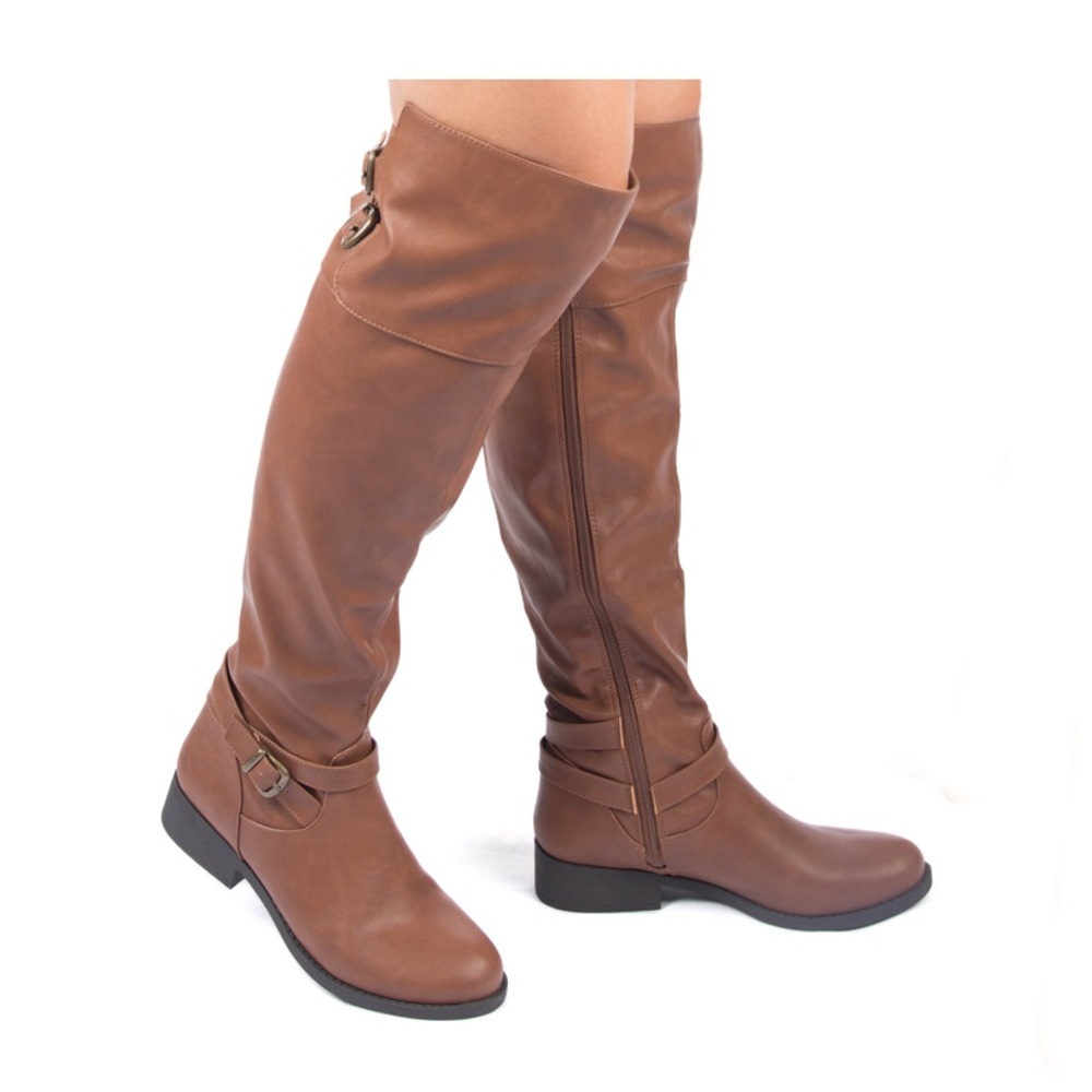 Brown Faux Leather Knee High Boots